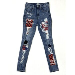 Rue 21 Jeans Womens 0 Distressed Skinny Patch Graphitti Savage Stretch Denim